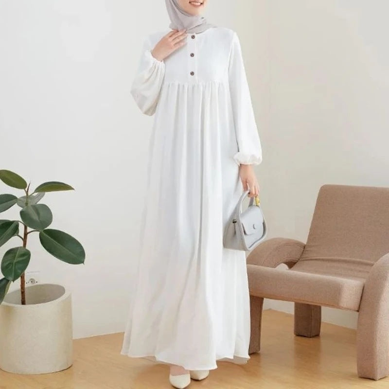 Muslim Robe Casual Lantern Sleeve Simple Solid Color Dress