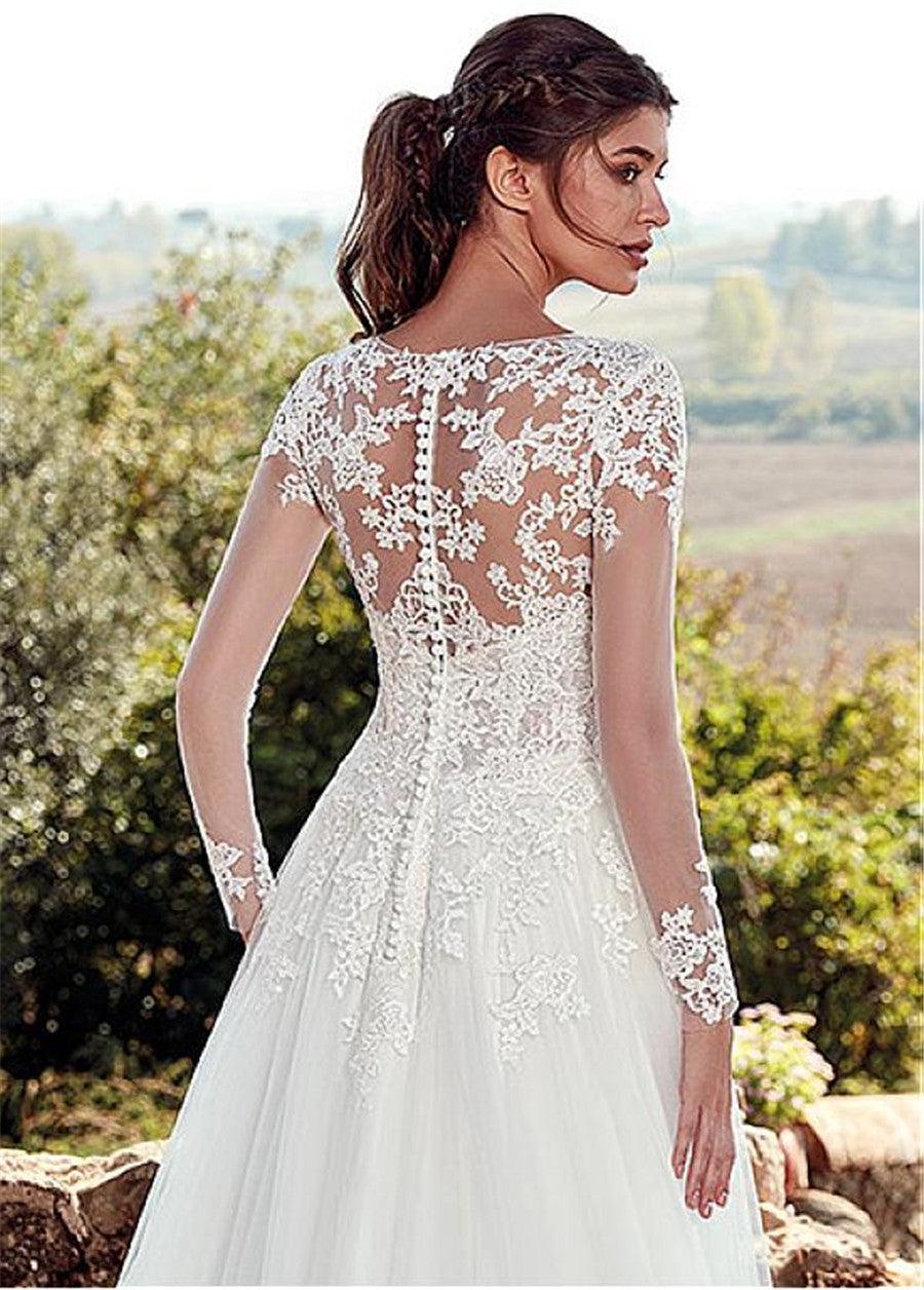 High U-neck Lace Long Sleeve A- Line Long Tail Simple Wedding Dress - Nioor