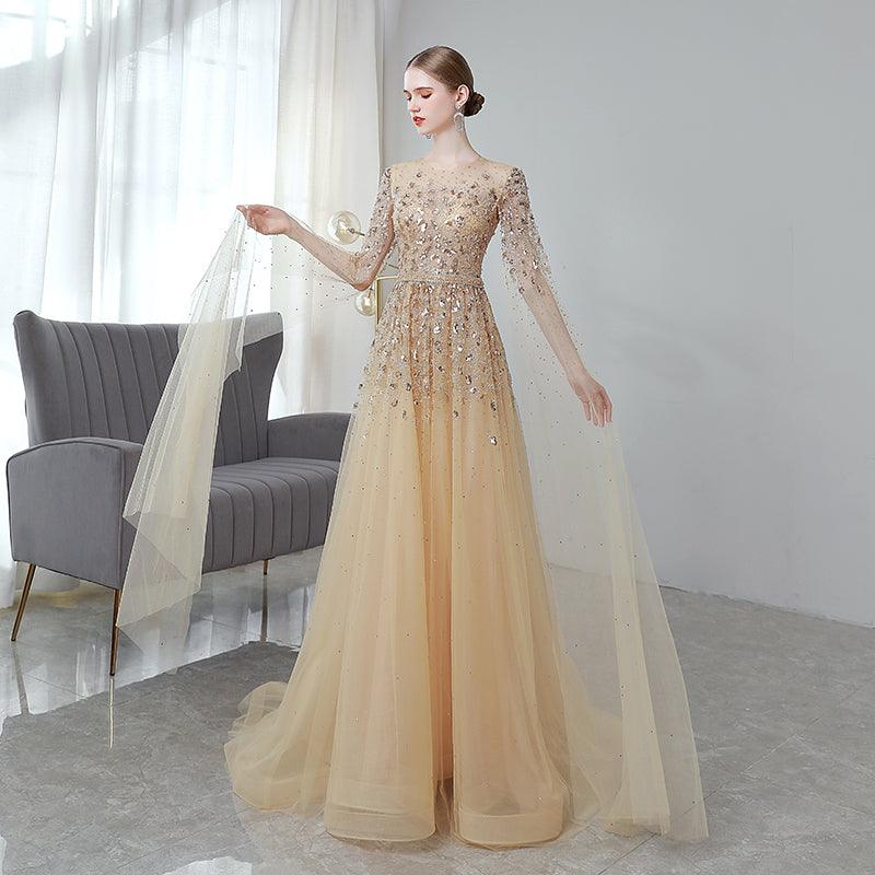 Gold High End Flying Sleeve Long Evening Dress - Nioor