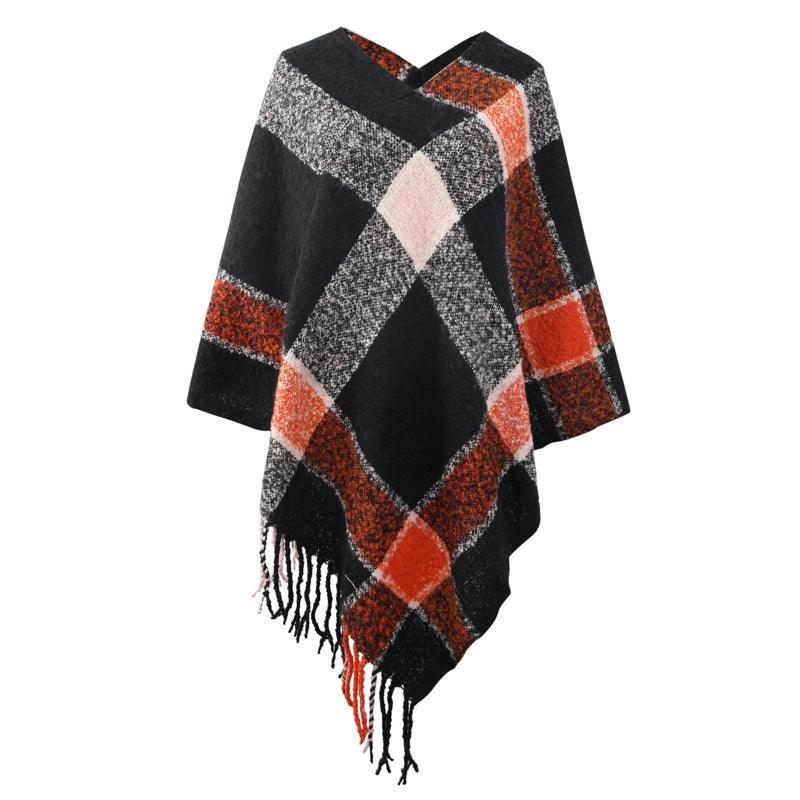 Cashmere Contrast Color Striped Cape Knitted Tassel Scarf - Nioor