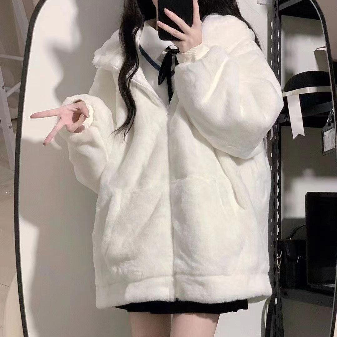 Women's Zipper Hooded Sweater Padded Fleece Sweater Plus Size White Top Cute Soft Winter Clothing Coat - Nioor