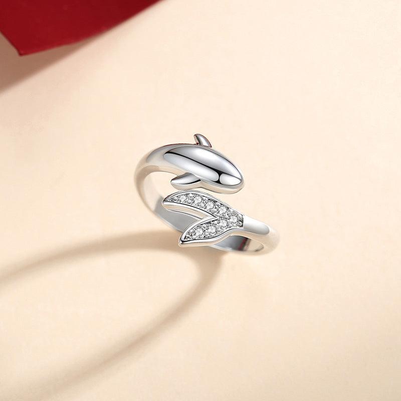 Simple Diamond Inlaid Small Fish Couple Ring - Nioor