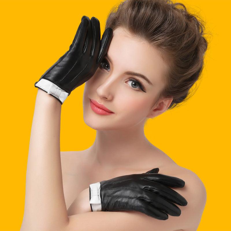 Leather Gloves Ladies Sheepskin Bow - Nioor