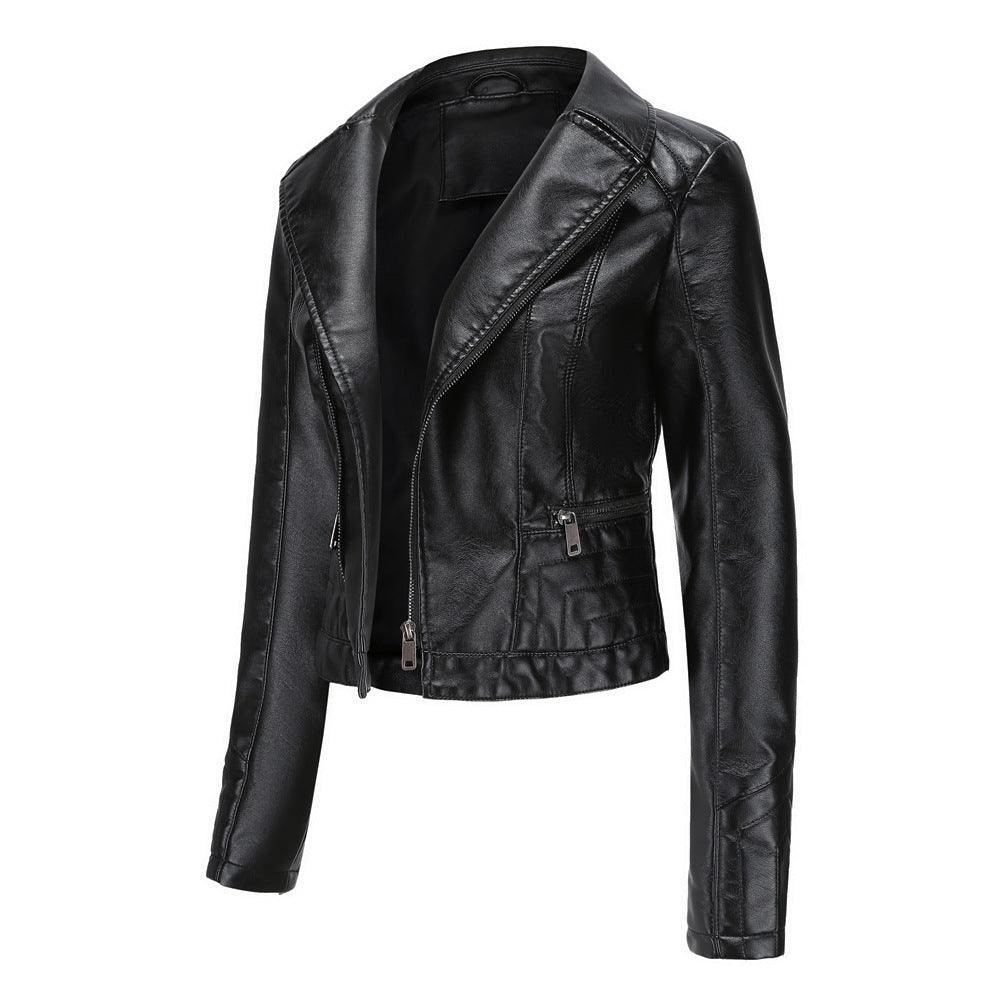 Womens Fashion Lapel Spring And Autumn Washed PU Leather Jacket - Nioor