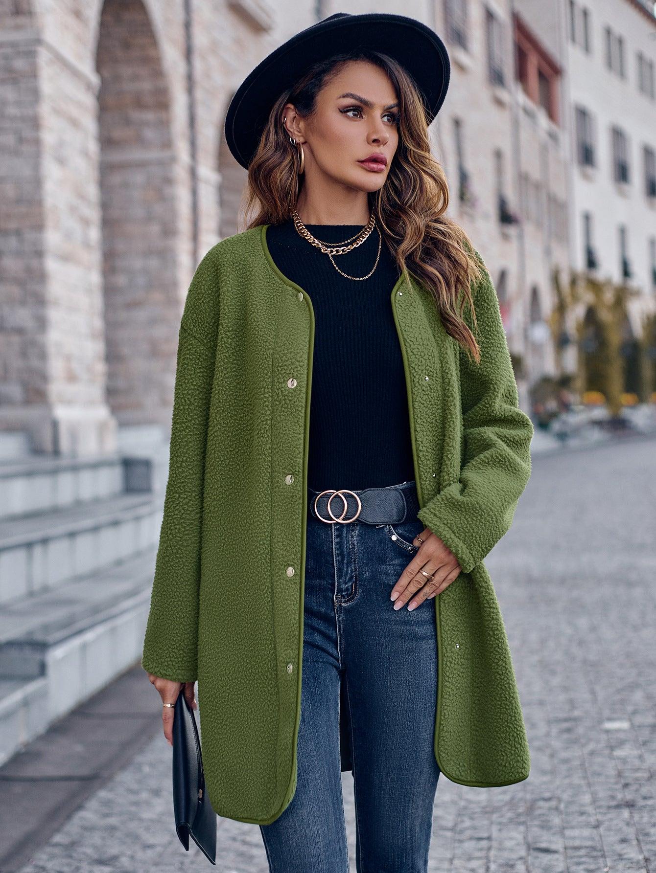 Thick Solid Color Round Neck Single-breasted Long Sleeve Coat - Nioor