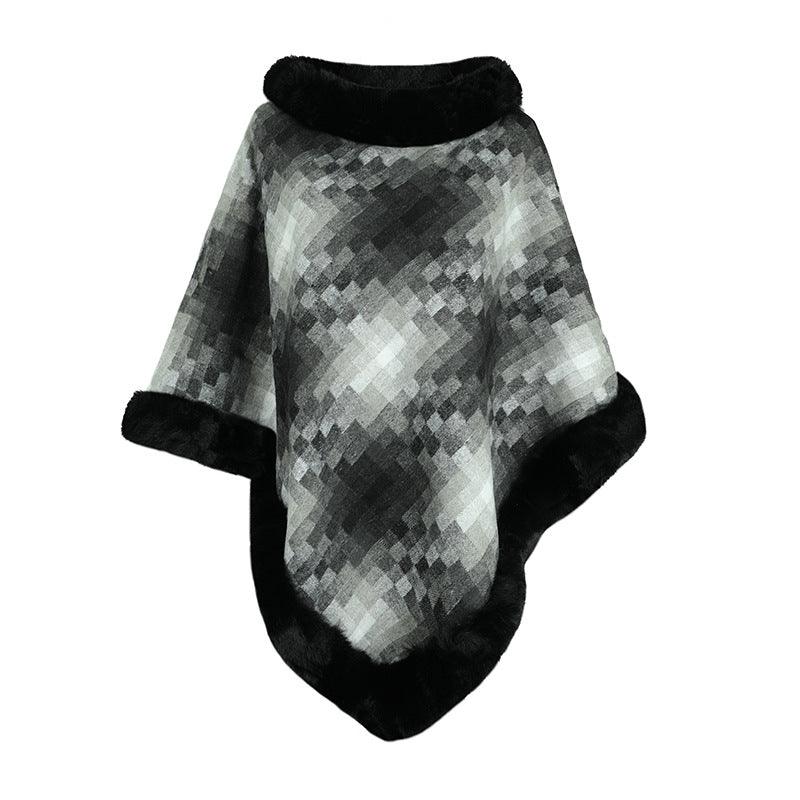 Cape Colored Plaid Thermal Knitting Shawl Women's Coat - Nioor