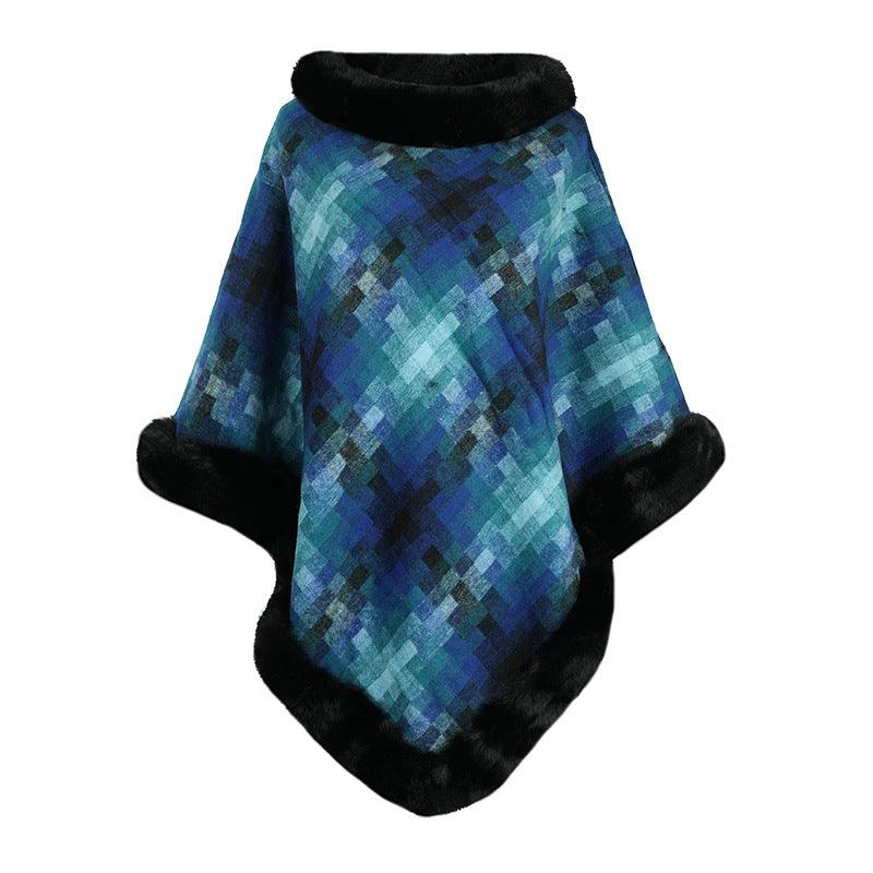 Cape Colored Plaid Thermal Knitting Shawl Women's Coat - Nioor