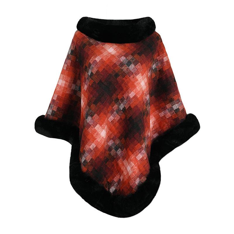 Cape Colored Plaid Thermal Knitting Shawl Women's Coat - Nioor