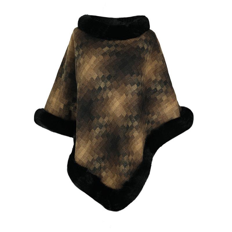 Cape Colored Plaid Thermal Knitting Shawl Women's Coat - Nioor