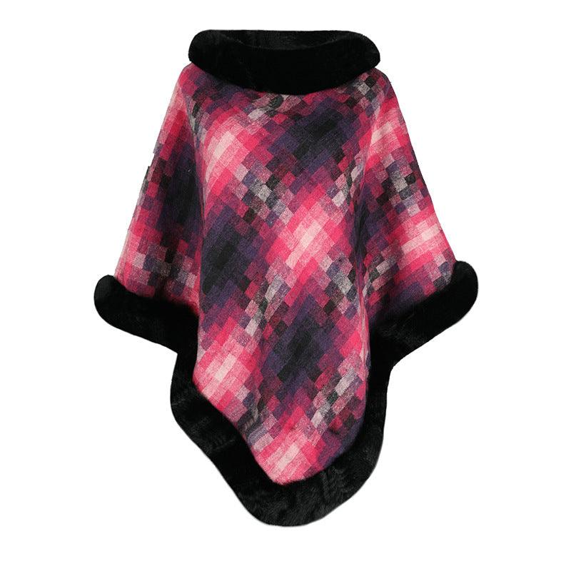 Cape Colored Plaid Thermal Knitting Shawl Women's Coat - Nioor