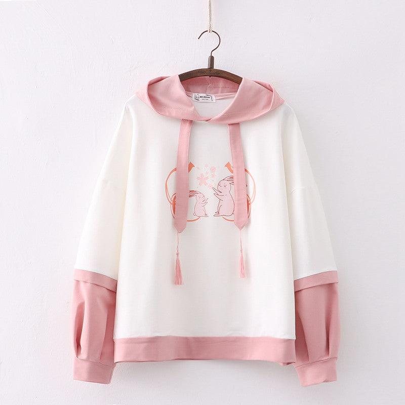 Cartoon Double Rabbit Print Hooded Student Hoodie - Nioor