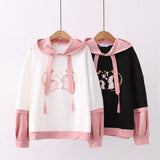 Cartoon Double Rabbit Print Hooded Student Hoodie - Nioor