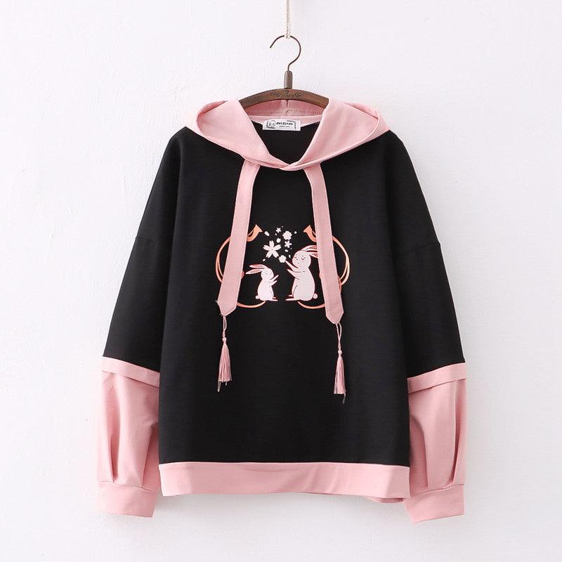 Cartoon Double Rabbit Print Hooded Student Hoodie - Nioor