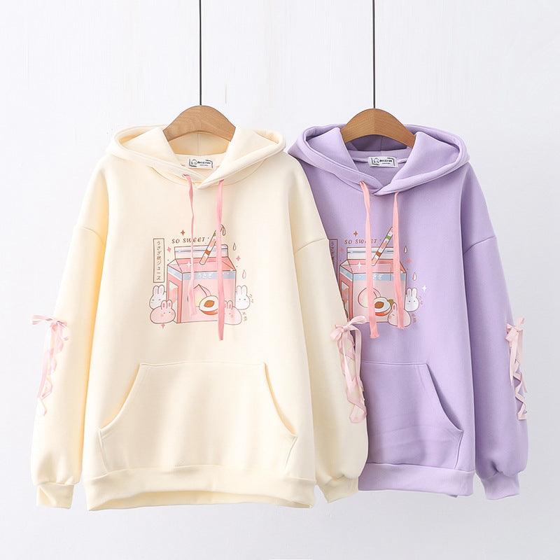 Cartoon Peach Drink Bunny Print Fleece Pullover Ladies Sweater - Nioor