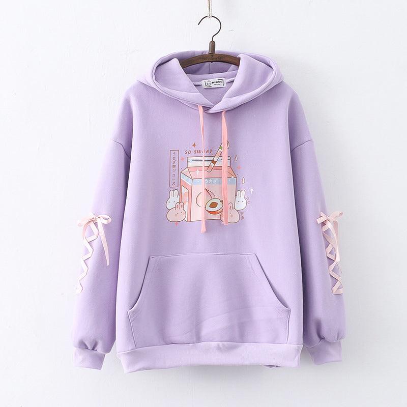 Cartoon Peach Drink Bunny Print Fleece Pullover Ladies Sweater - Nioor