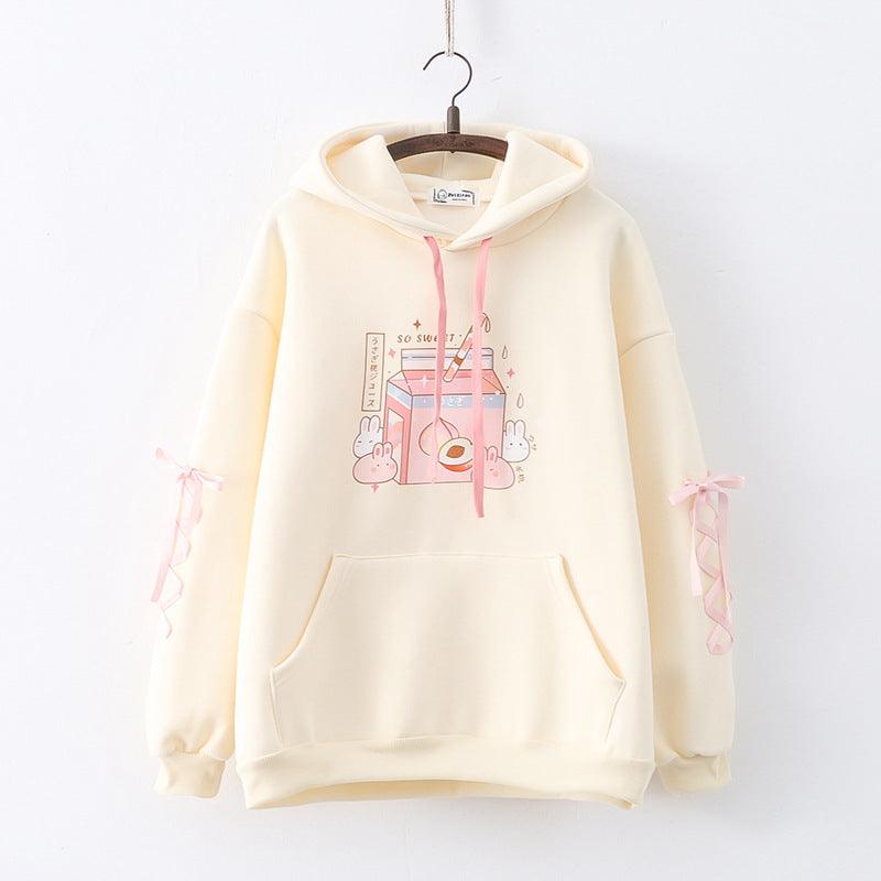 Cartoon Peach Drink Bunny Print Fleece Pullover Ladies Sweater - Nioor