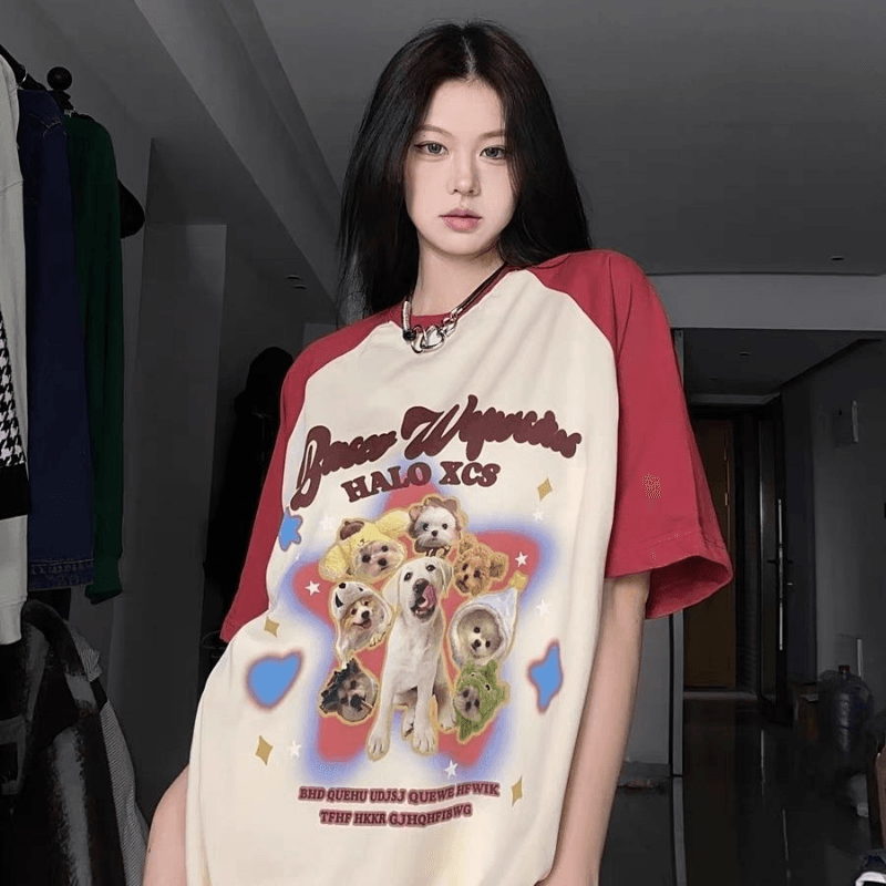 Cartoon Puppy Printed Raglan Short Sleeve Sweet Cool Top - Nioor