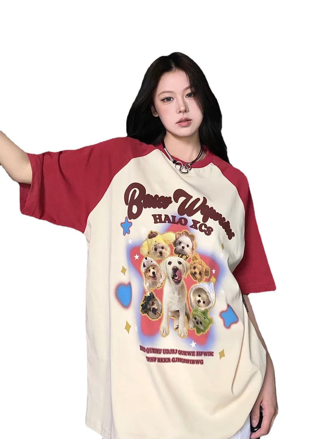 Cartoon Puppy Printed Raglan Short Sleeve Sweet Cool Top - Nioor