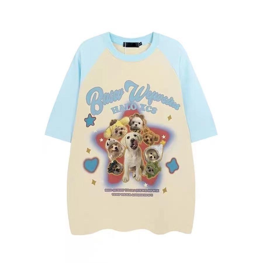 Cartoon Puppy Printed Raglan Short Sleeve Sweet Cool Top - Nioor