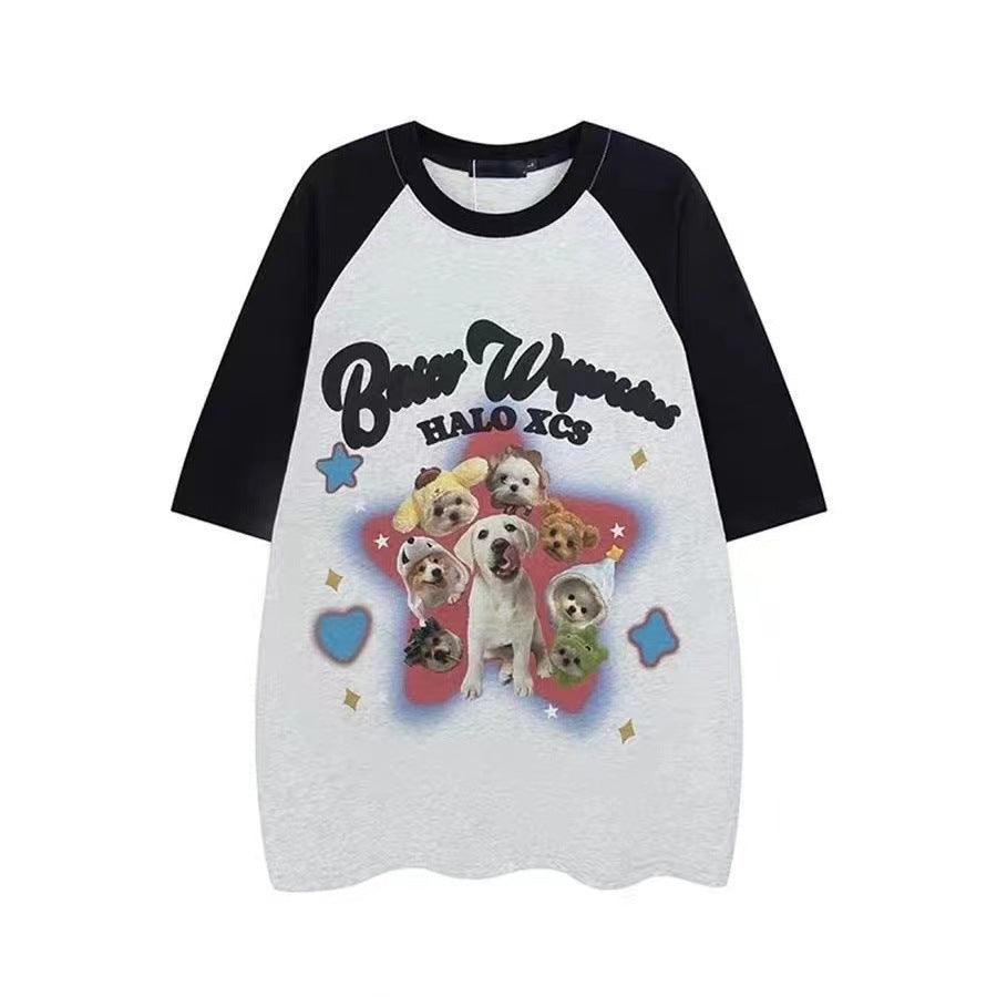 Cartoon Puppy Printed Raglan Short Sleeve Sweet Cool Top - Nioor