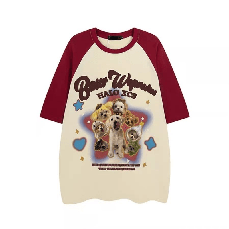 Cartoon Puppy Printed Raglan Short Sleeve Sweet Cool Top - Nioor