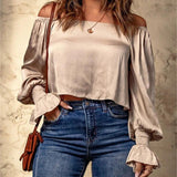 Casual Apricot Off-the-shoulder Pleating Wrist Long Sleeve Top - Nioor