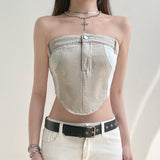 Casual Contrast Color Button Off-neck Beauty Back Denim Tube Top - Nioor