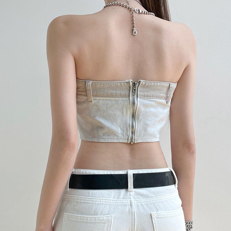 Casual Contrast Color Button Off-neck Beauty Back Denim Tube Top - Nioor