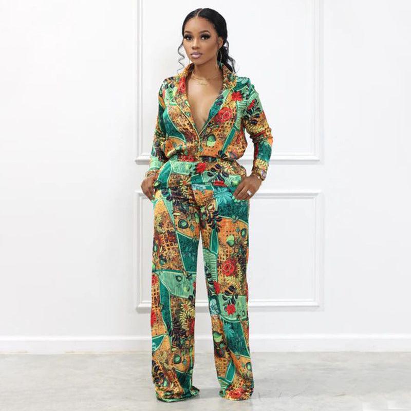 Casual Fashion Digital Printed V-neck Women's Two-piece Suit - Nioor