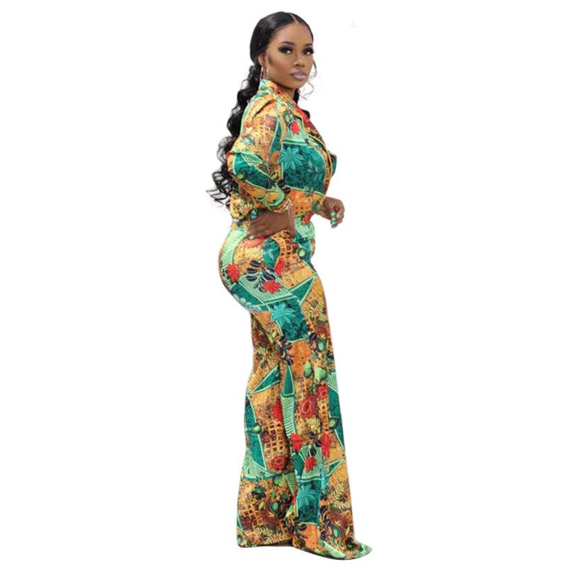 Casual Fashion Digital Printed V-neck Women's Two-piece Suit - Nioor