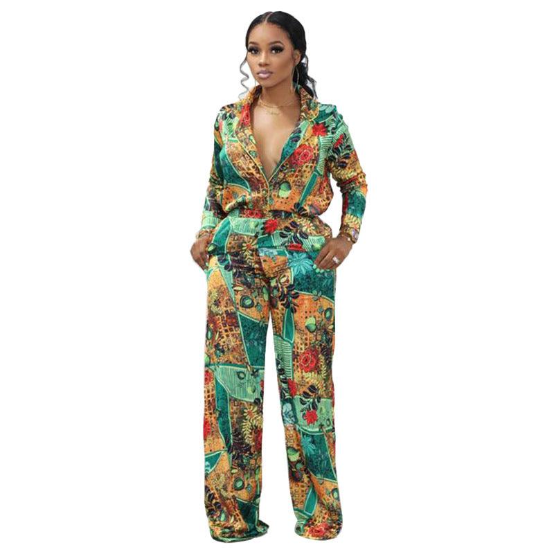 Casual Fashion Digital Printed V-neck Women's Two-piece Suit - Nioor