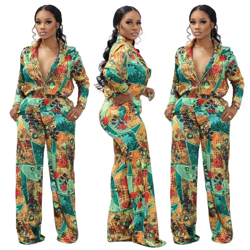 Casual Fashion Digital Printed V-neck Women's Two-piece Suit - Nioor