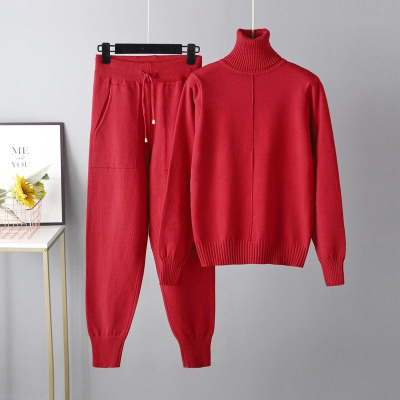 Casual Fashion Set autumn And Winter Cross-border Amazon European And American Turtleneck Solid Color Sweaters Two-piece Set - Nioor