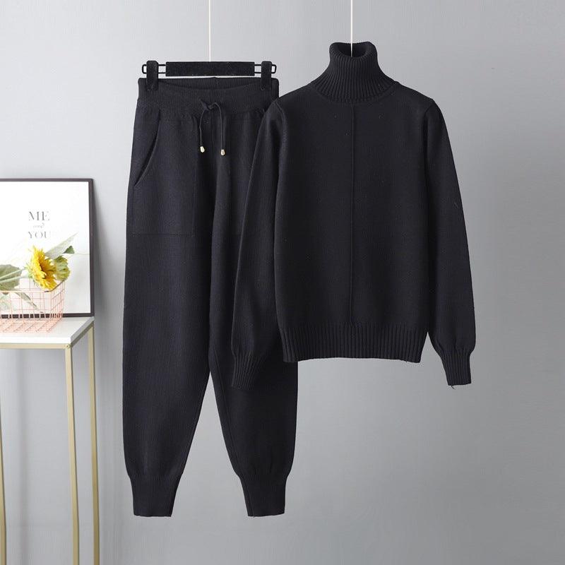 Casual Fashion Set autumn And Winter Cross-border Amazon European And American Turtleneck Solid Color Sweaters Two-piece Set - Nioor