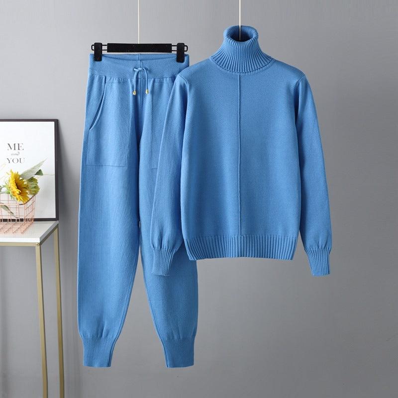 Casual Fashion Set autumn And Winter Cross-border Amazon European And American Turtleneck Solid Color Sweaters Two-piece Set - Nioor