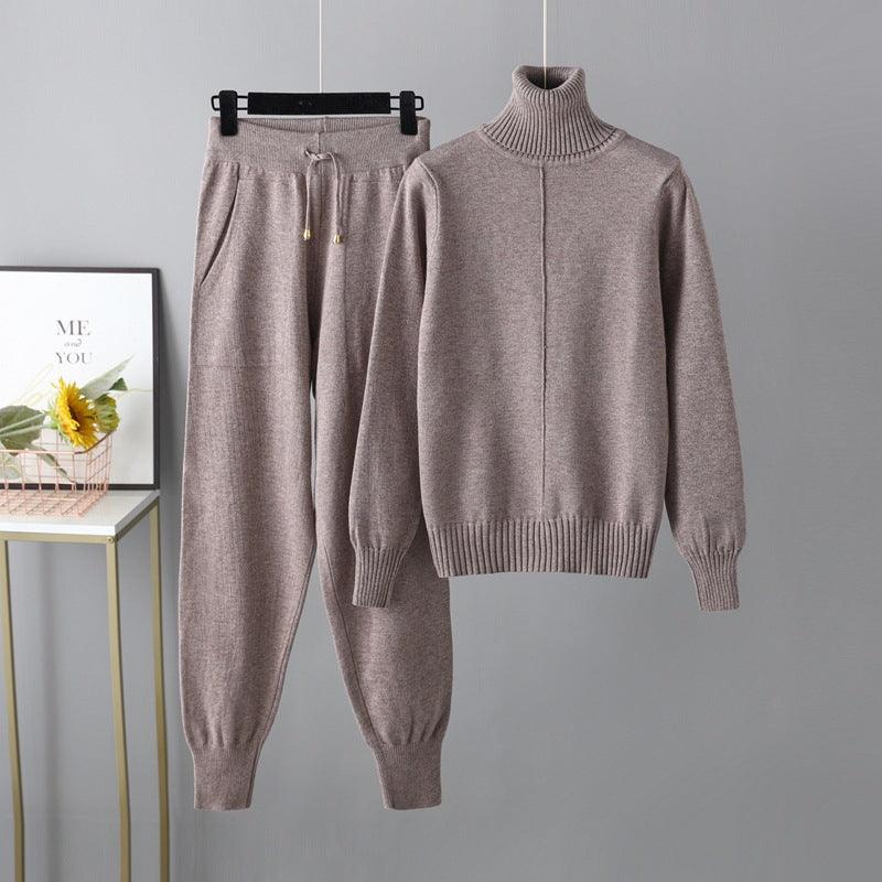 Casual Fashion Set autumn And Winter Cross-border Amazon European And American Turtleneck Solid Color Sweaters Two-piece Set - Nioor