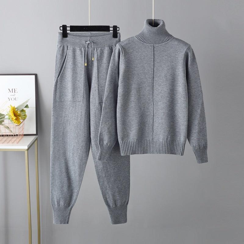 Casual Fashion Set autumn And Winter Cross-border Amazon European And American Turtleneck Solid Color Sweaters Two-piece Set - Nioor