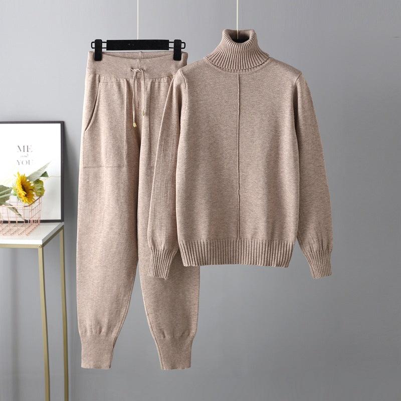 Casual Fashion Set autumn And Winter Cross-border Amazon European And American Turtleneck Solid Color Sweaters Two-piece Set - Nioor