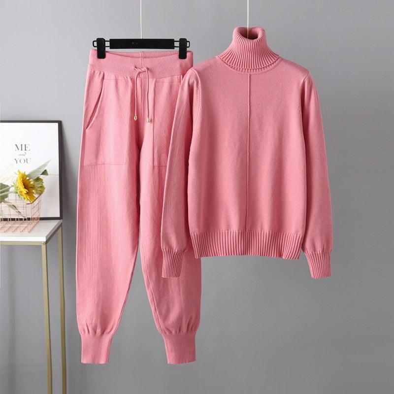 Casual Fashion Set autumn And Winter Cross-border Amazon European And American Turtleneck Solid Color Sweaters Two-piece Set - Nioor