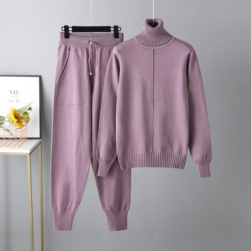 Casual Fashion Set autumn And Winter Cross-border Amazon European And American Turtleneck Solid Color Sweaters Two-piece Set - Nioor