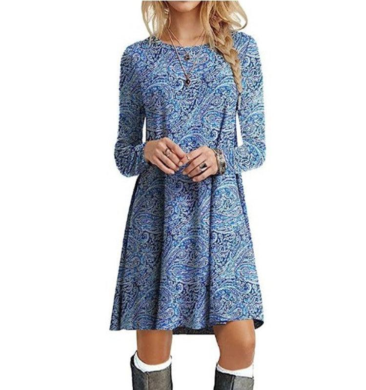 Casual Floral Print Round Neck Long Sleeve Holiday Dress - Nioor