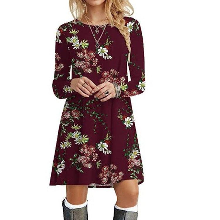 Casual Floral Print Round Neck Long Sleeve Holiday Dress - Nioor