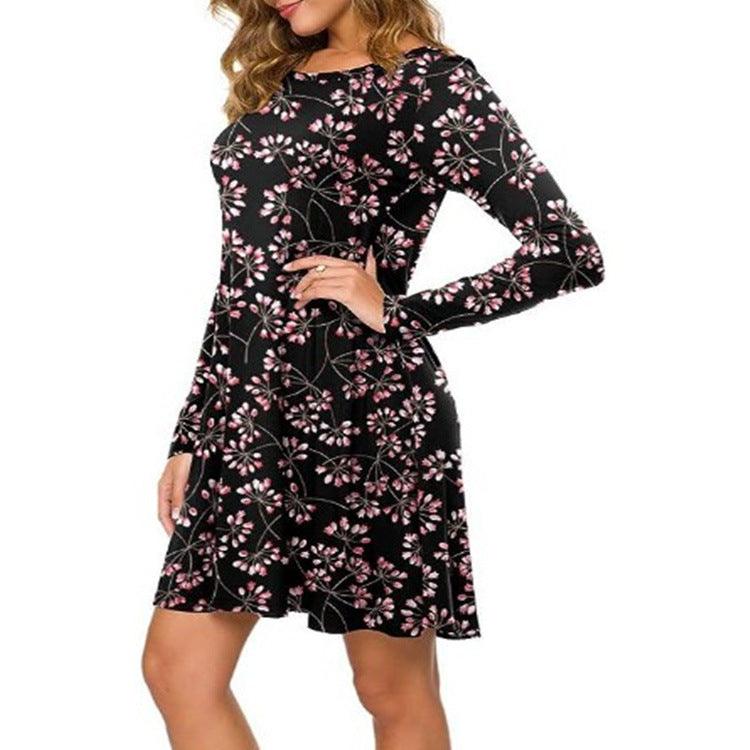 Casual Floral Print Round Neck Long Sleeve Holiday Dress - Nioor