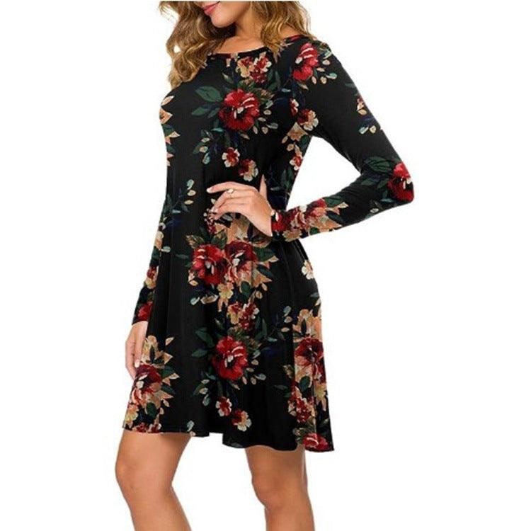 Casual Floral Print Round Neck Long Sleeve Holiday Dress - Nioor