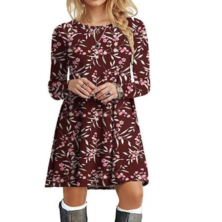 Casual Floral Print Round Neck Long Sleeve Holiday Dress - Nioor