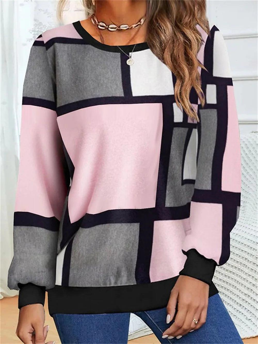 Casual Geometric 3D Printed Loose Long Sleeves Round Neck Sweater - Nioor