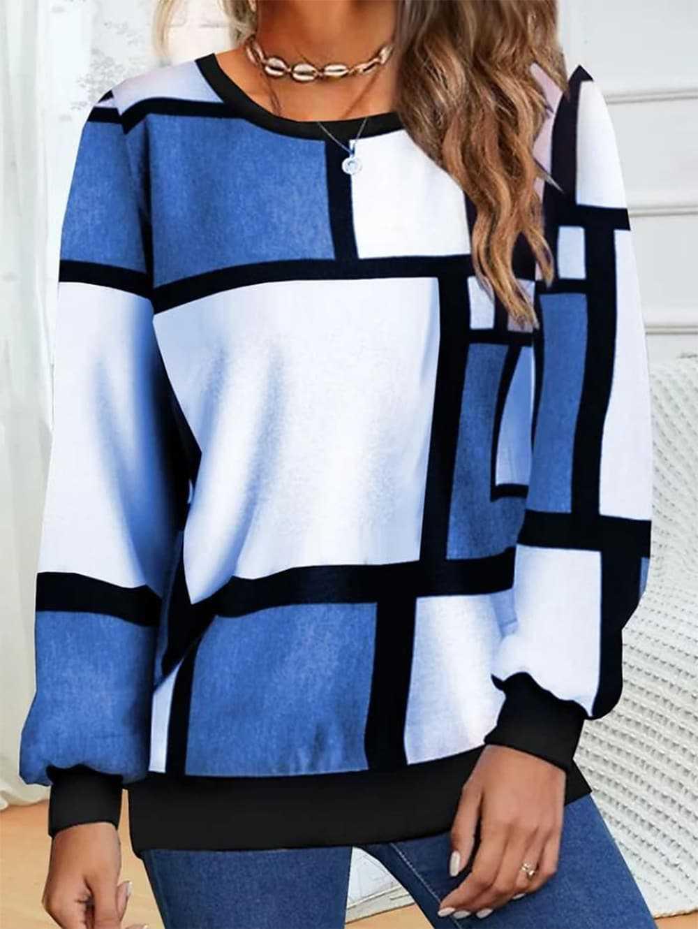 Casual Geometric 3D Printed Loose Long Sleeves Round Neck Sweater - Nioor