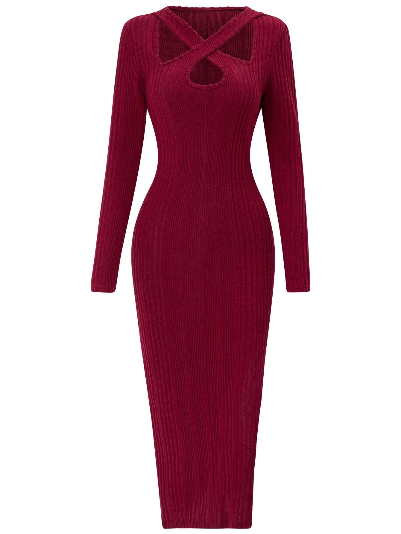 Casual Halter-neck Long Sleeve Slit Solid Color Dress - Nioor