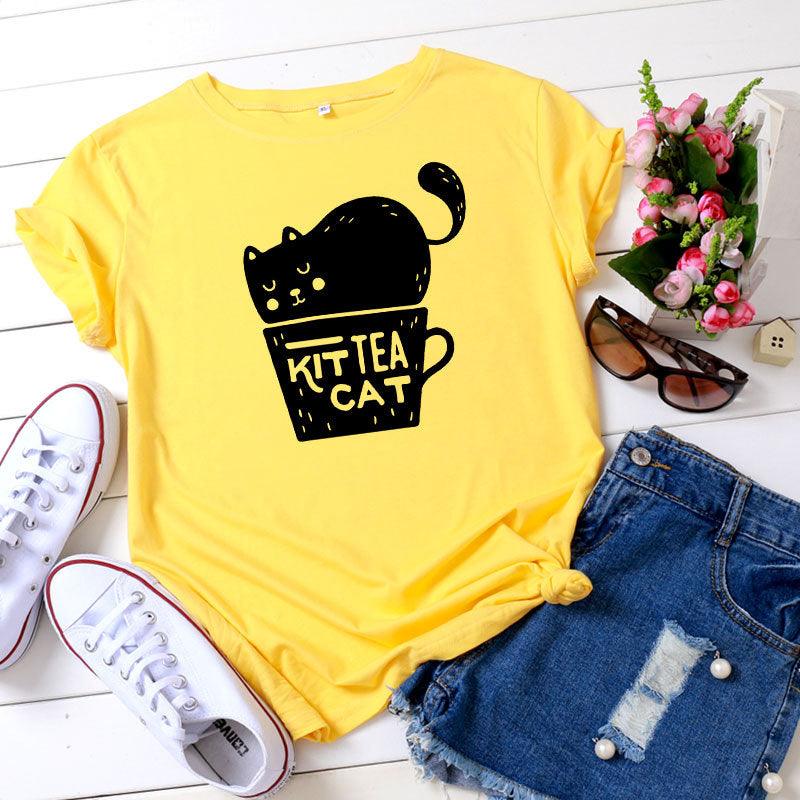 Casual KIT TEA CAT Printed Round Neck Plus Size Short Sleeve - Nioor