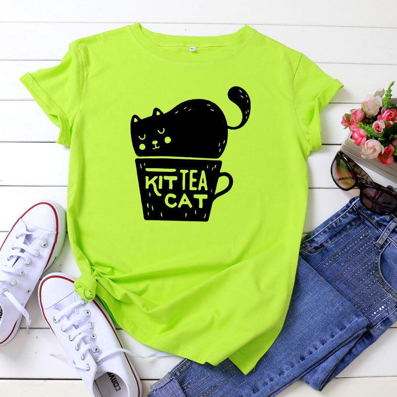 Casual KIT TEA CAT Printed Round Neck Plus Size Short Sleeve - Nioor